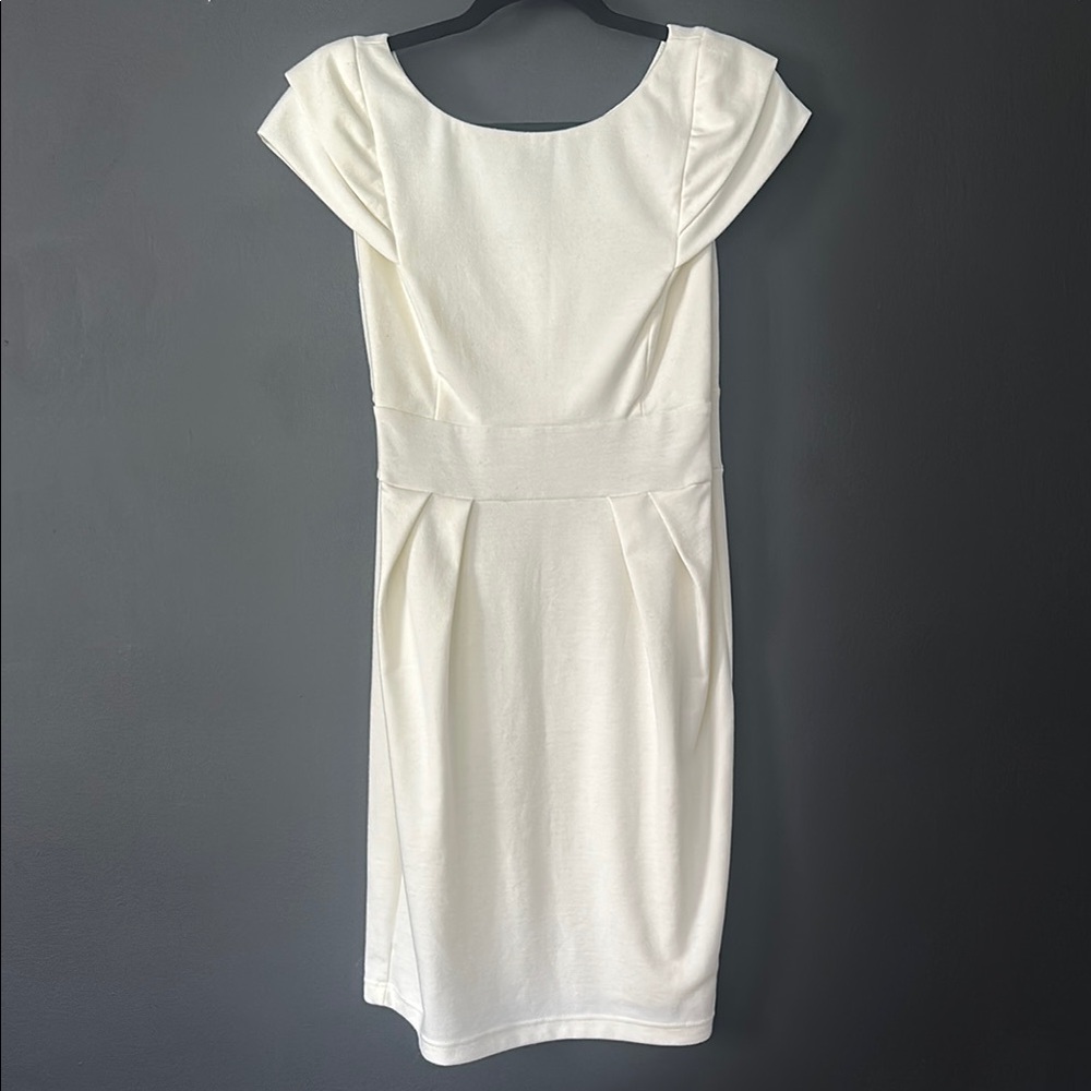 Cream Sheath Midi Dress with Flutter Cap Sleeves